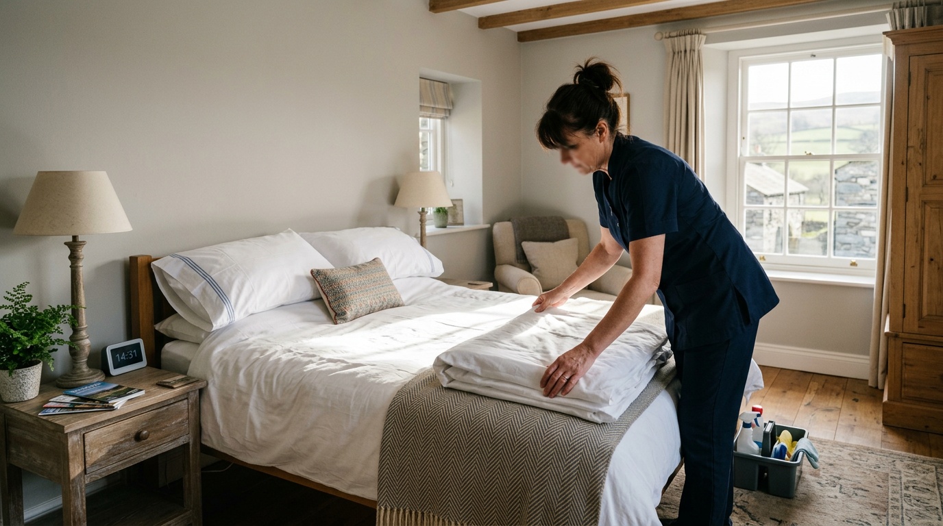 Cleaner folding fresh white linen on a bed in a UK holiday let bedroom