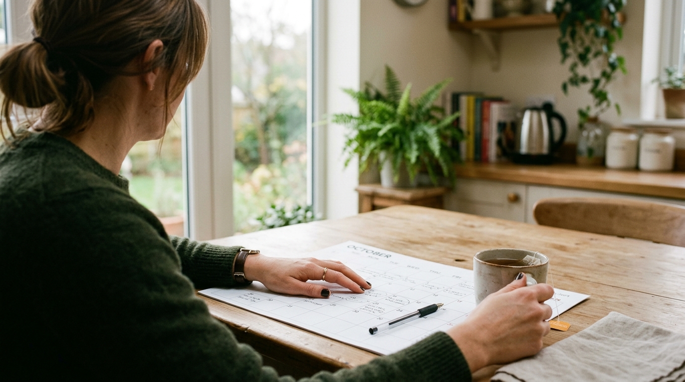 Host at a kitchen table beside a blank paper wall planner and a mug of tea in soft daylight