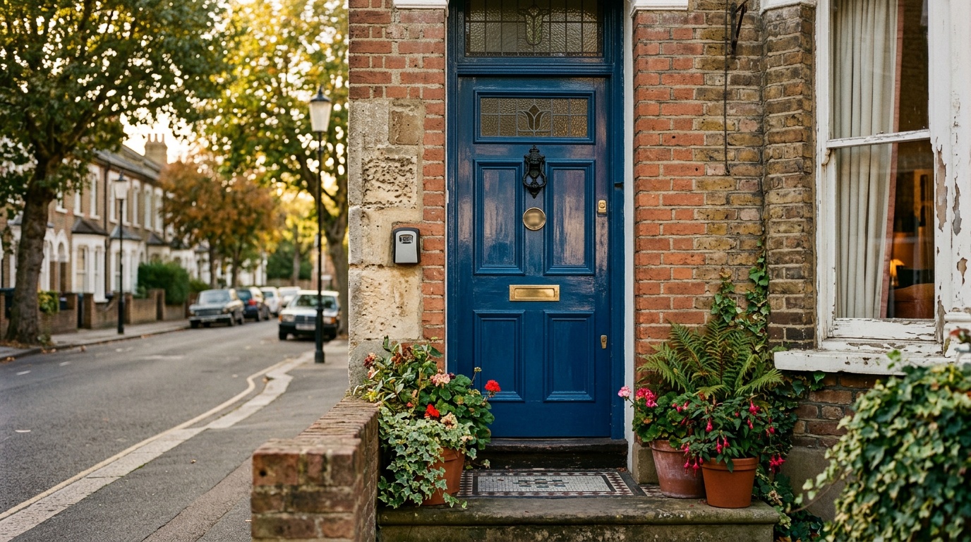 Front door of a UK Victorian terraced house with a wall lockbox and planters in late afternoon light