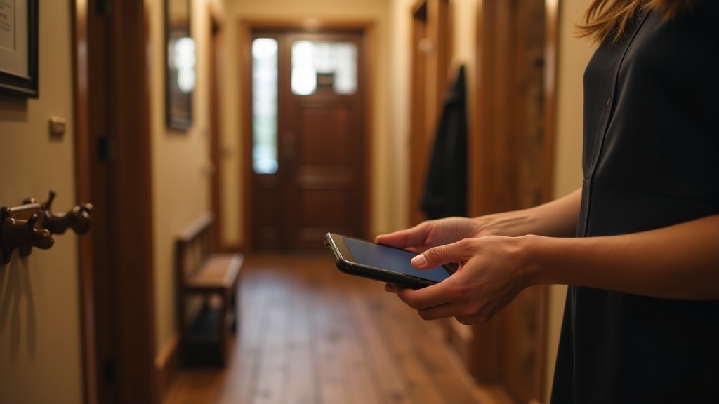 Host holding a phone by the front door of a rental