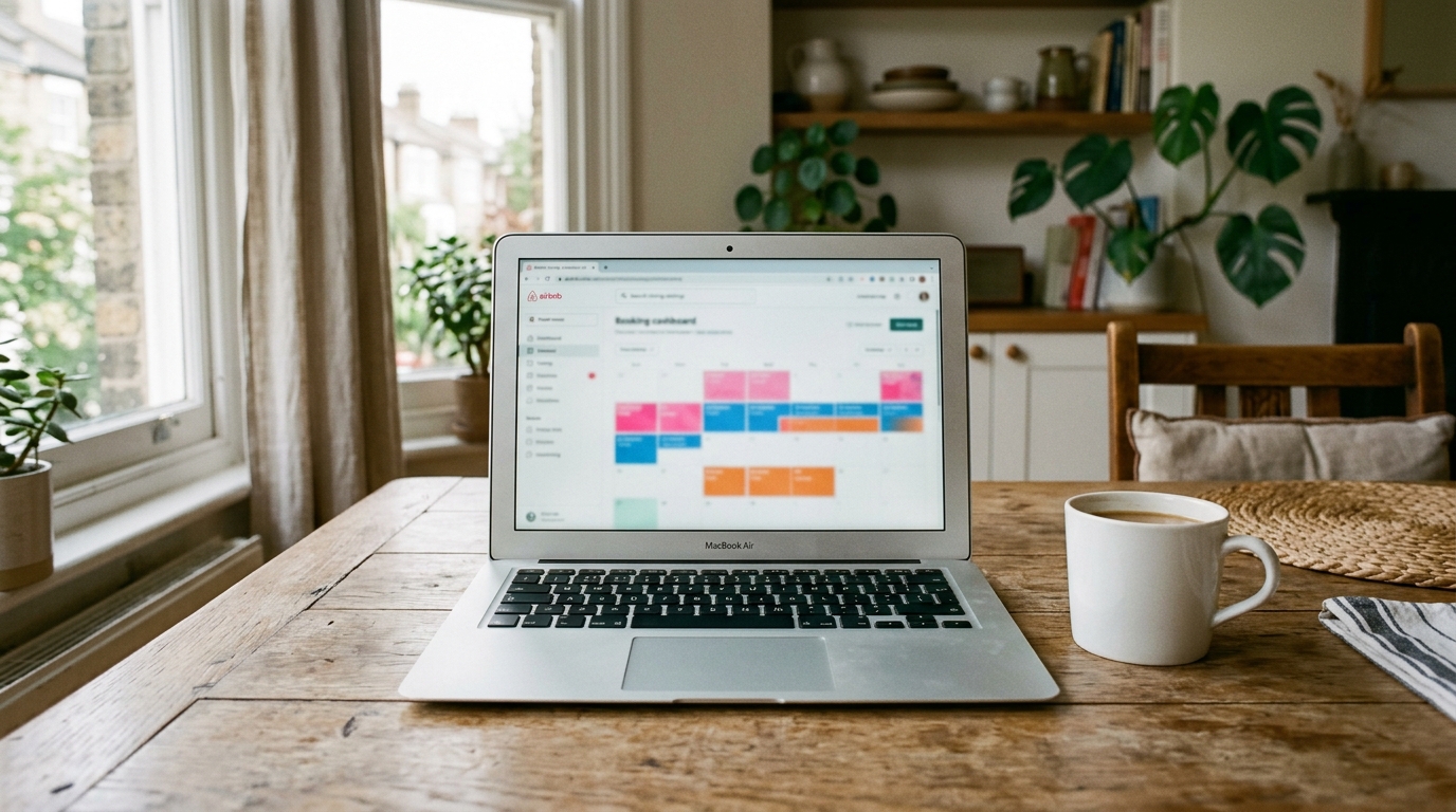 Laptop showing Airbnb listing dashboard on kitchen table