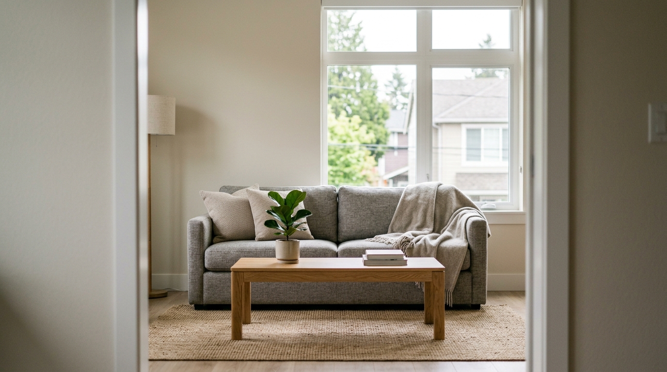 Bright minimalist Airbnb living room with sofa and coffee table