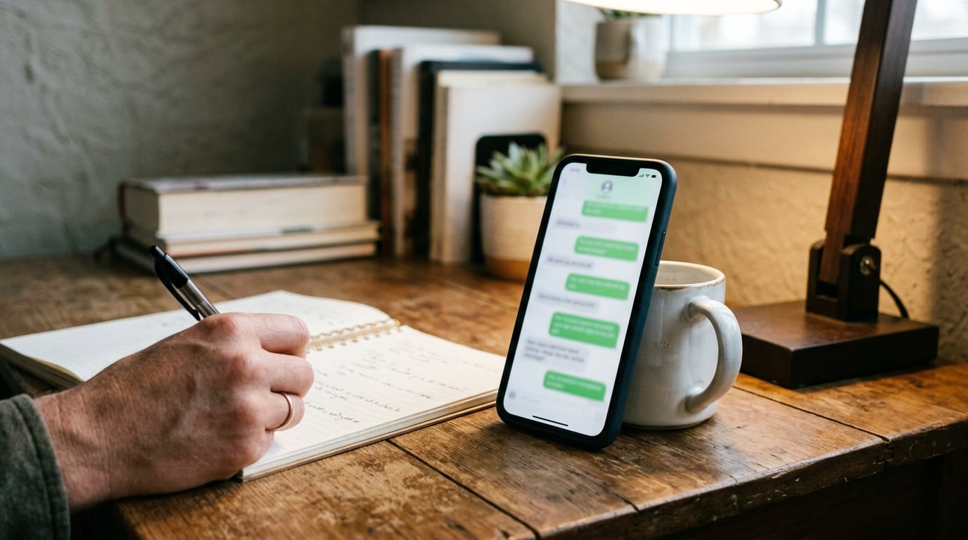 Smartphone showing guest messaging app on desk with notebook