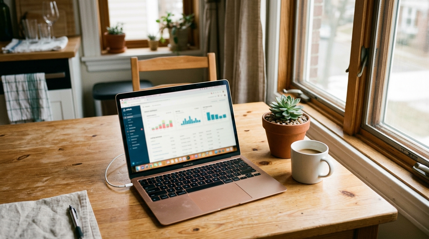 Laptop displaying Airbnb listing performance dashboard on kitchen table