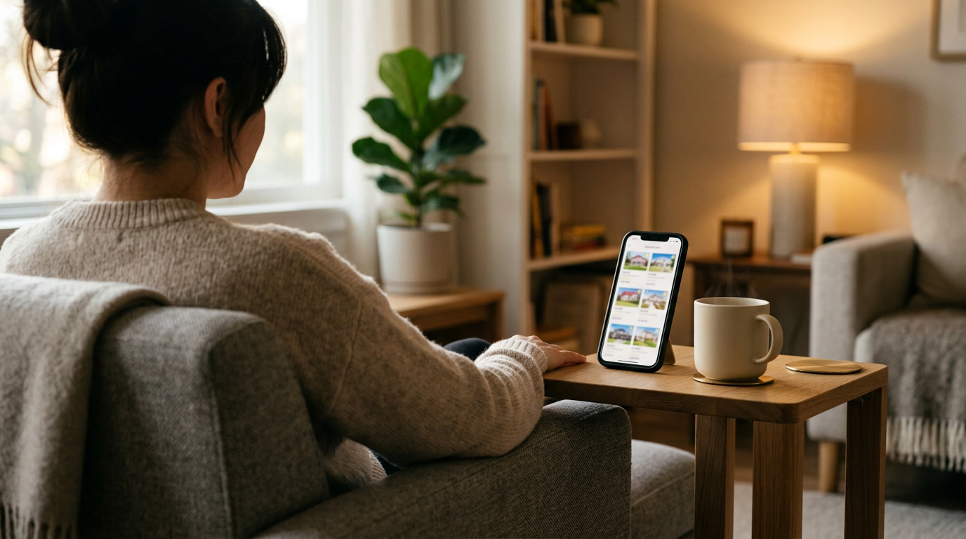 Host reviewing Airbnb listings on smartphone in living room