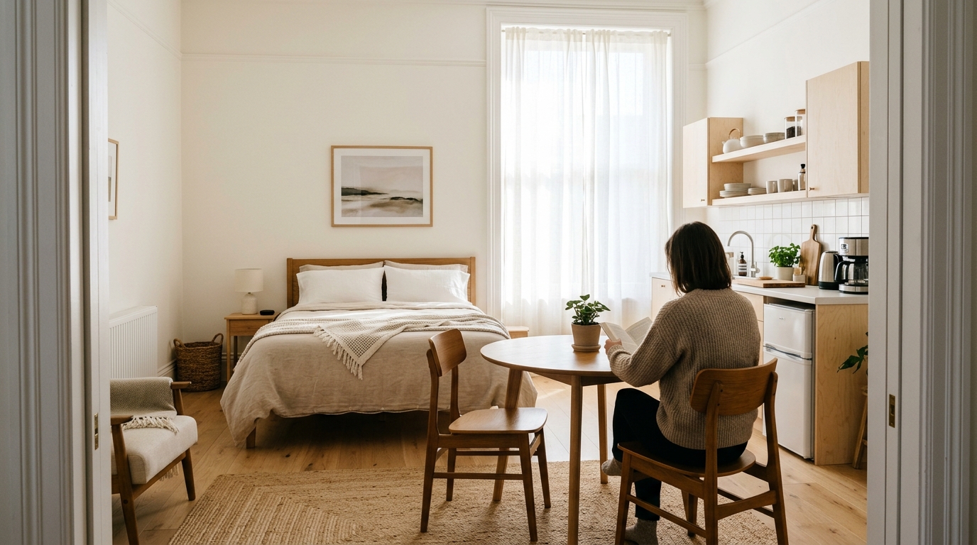 Well-presented Airbnb studio apartment interior with natural light