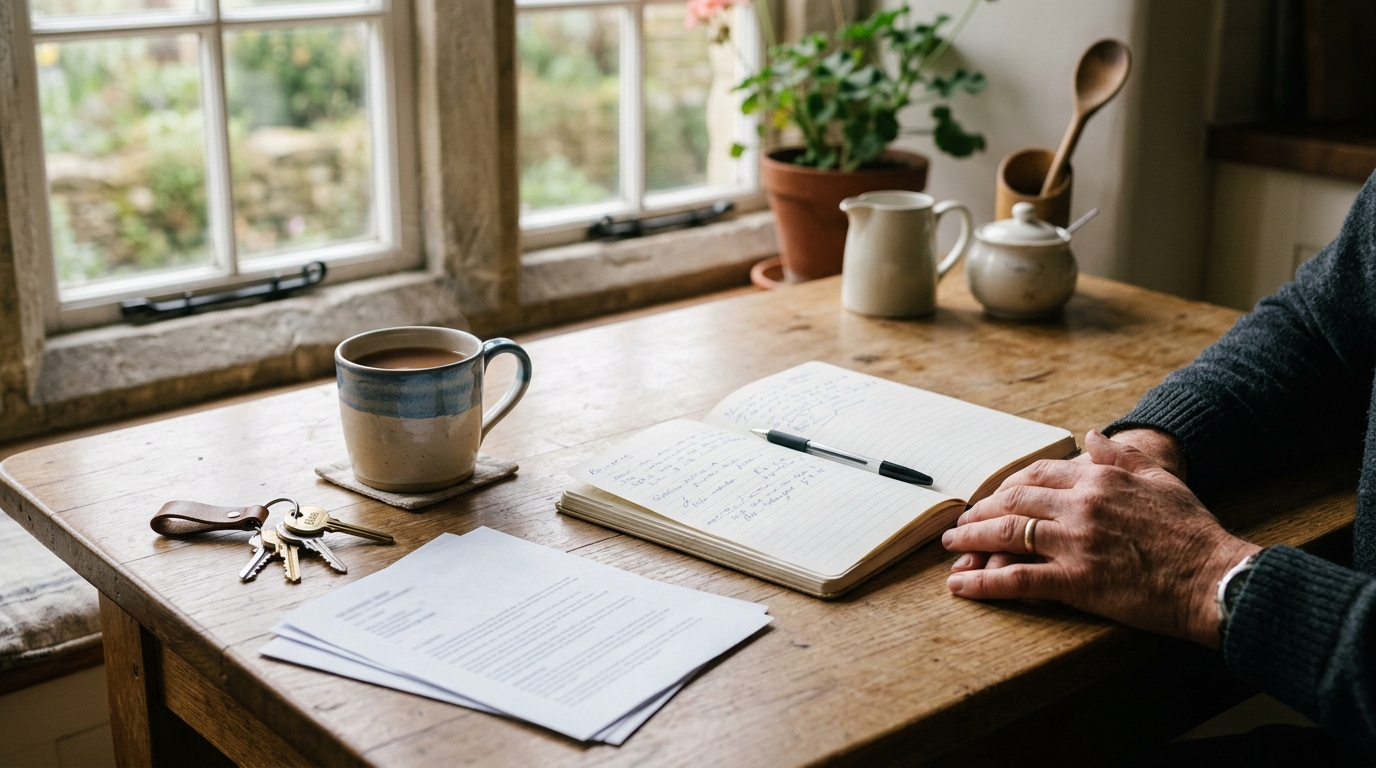 A host's kitchen table with a notebook, tea and house keys in soft morning light