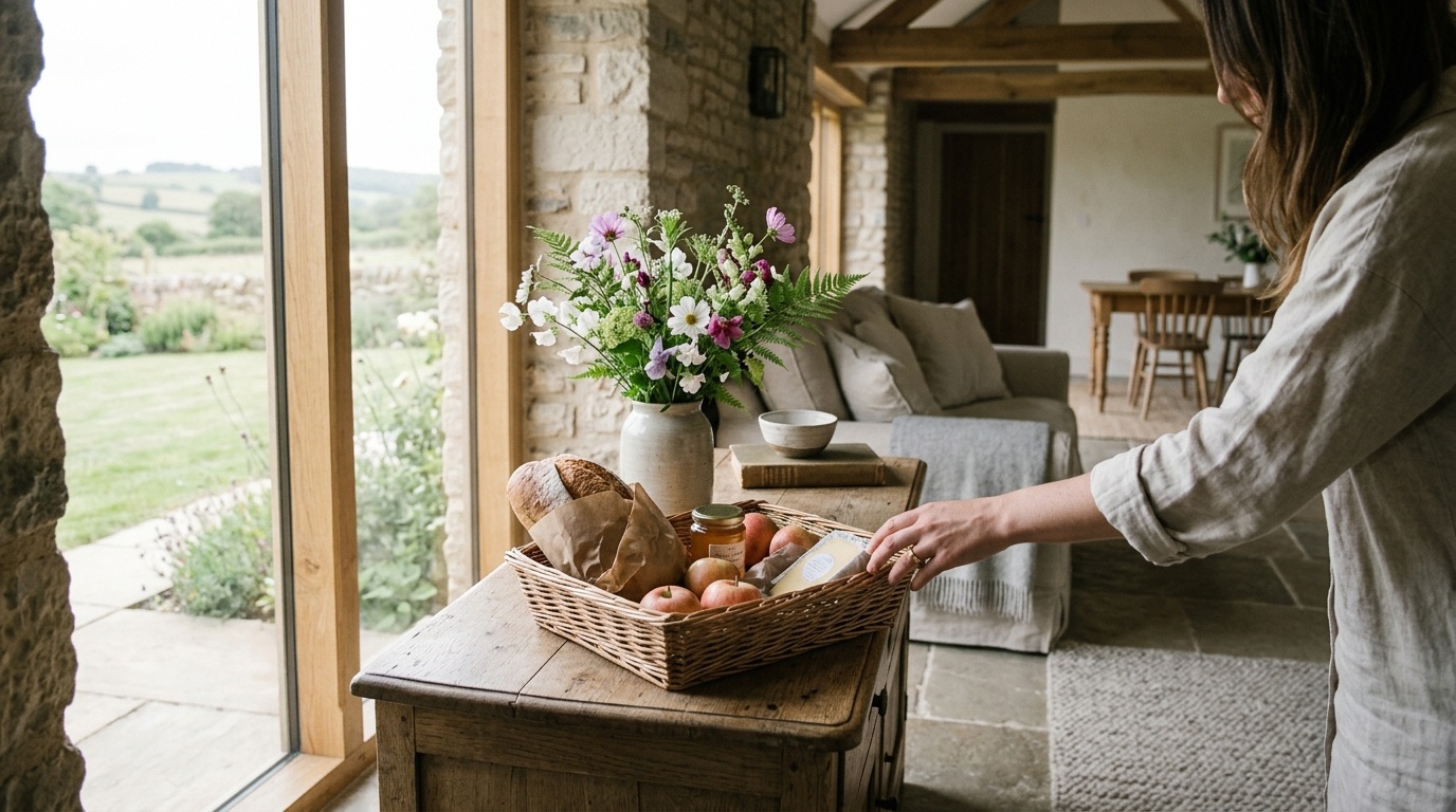 A guest reaching for a welcome basket of local produce inside a converted barn holiday let