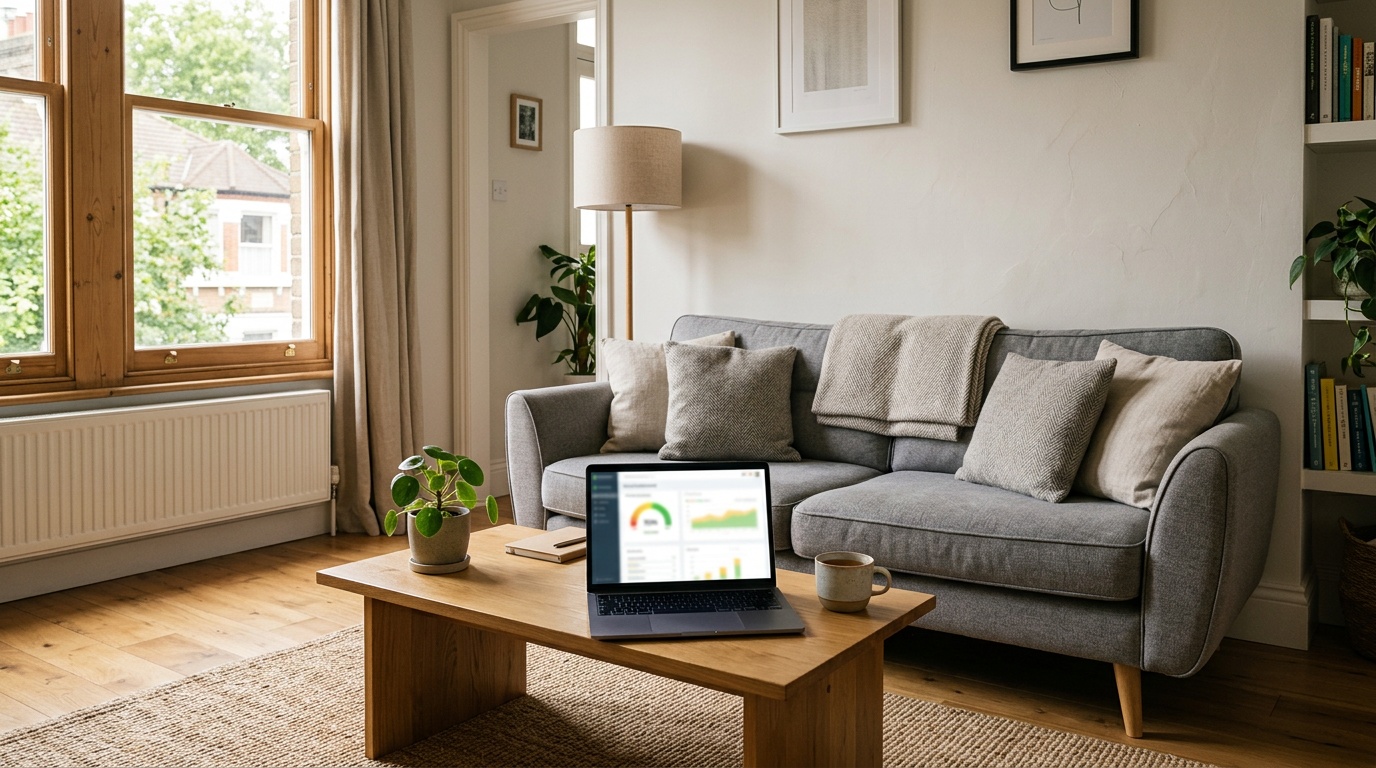 Laptop on a coffee table showing a listing score dashboard in a bright living room
