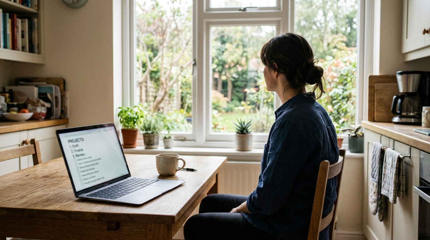 Host reviewing a ranked list of listing fixes on a laptop at a kitchen table