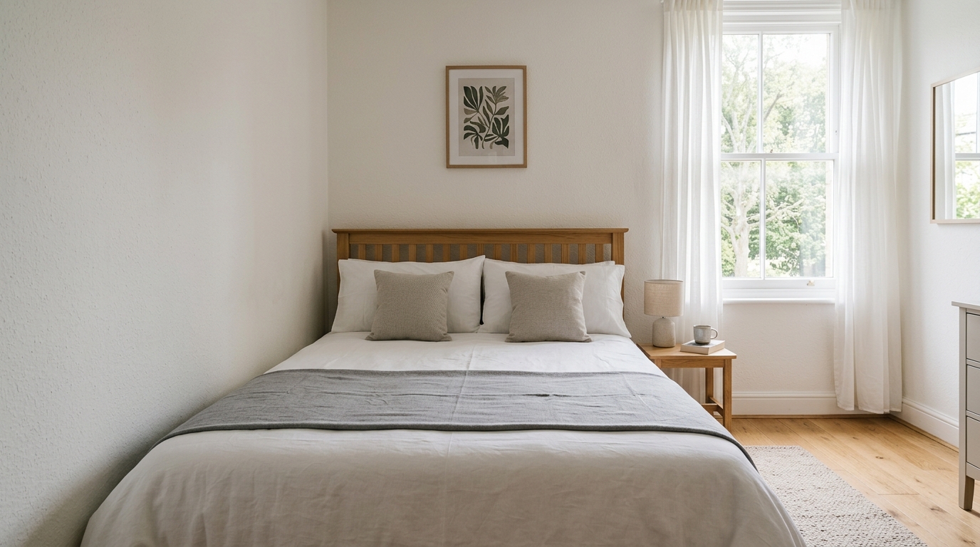 Tidy, well-presented Airbnb bedroom with a made double bed