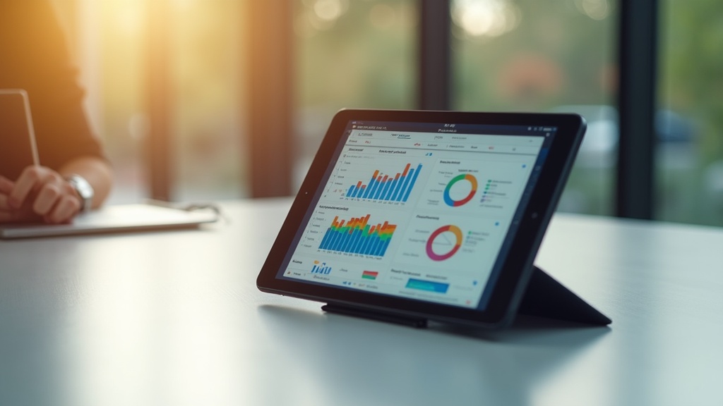 Tablet showing data dashboards on a minimalist desk