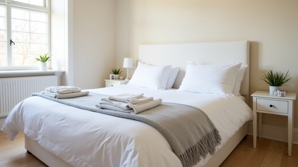 Cosy Airbnb bedroom with natural lighting and crisp white bedding