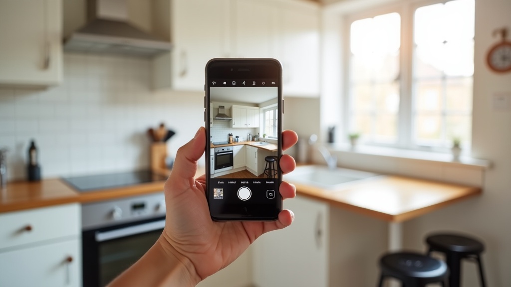 Airbnb host photographing kitchen with smartphone