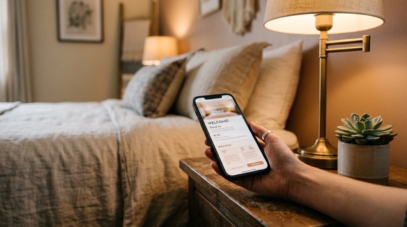 Guest viewing digital guidebook on smartphone in vacation rental