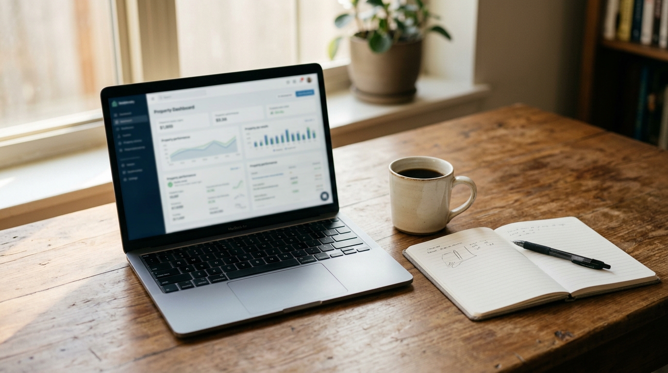 Laptop on desk showing property management dashboard with performance charts