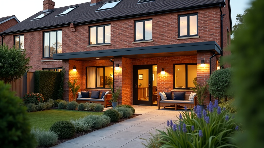 Exterior of a UK holiday home at dusk