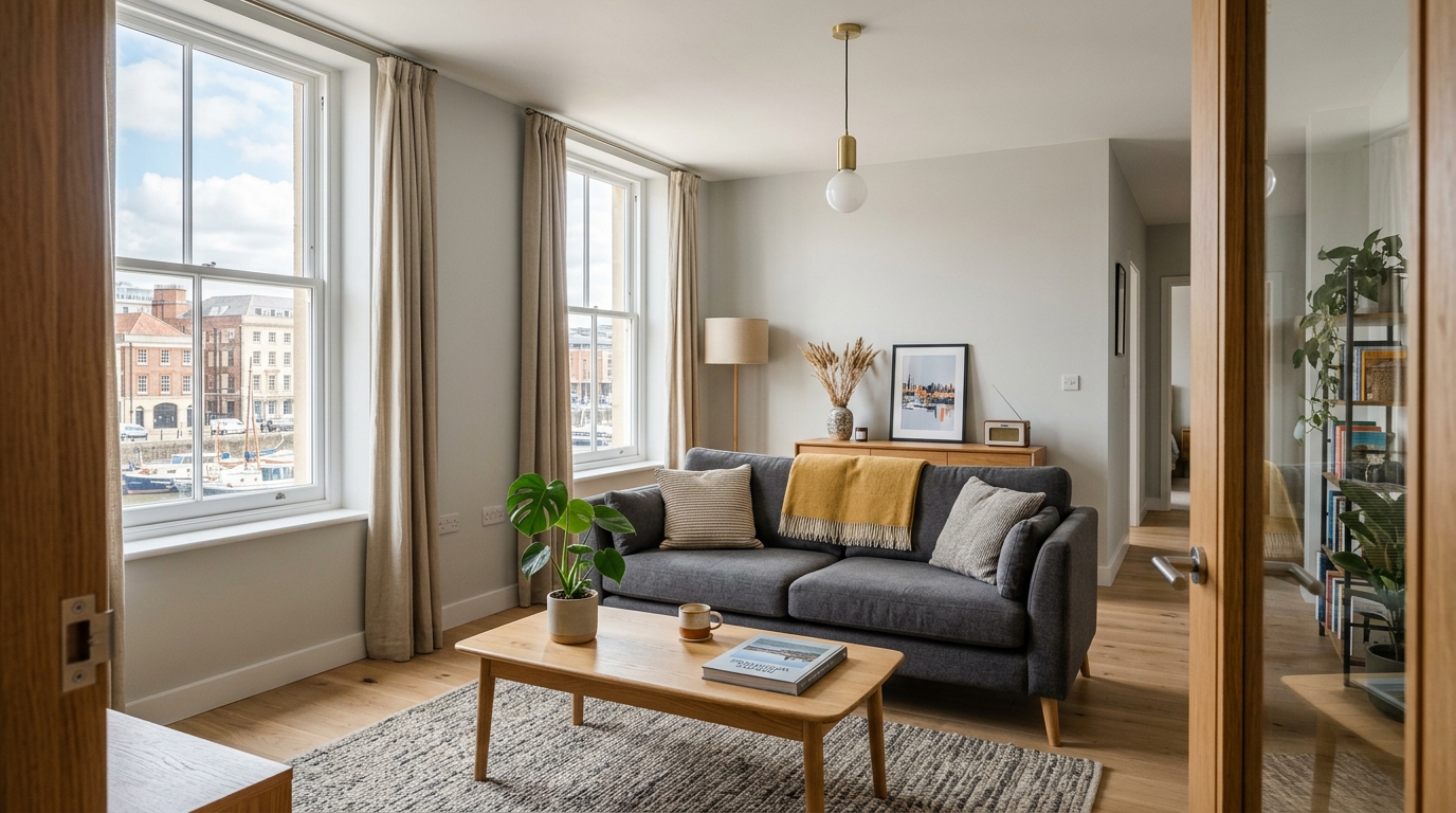 Modern Bristol 2-bed Airbnb living room with harbour view