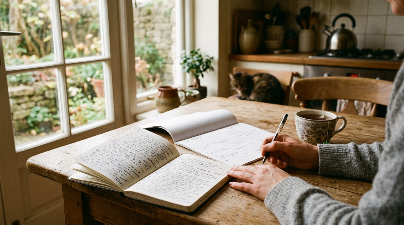 Host working through booking notes and a paper calendar at a kitchen table with a mug of tea