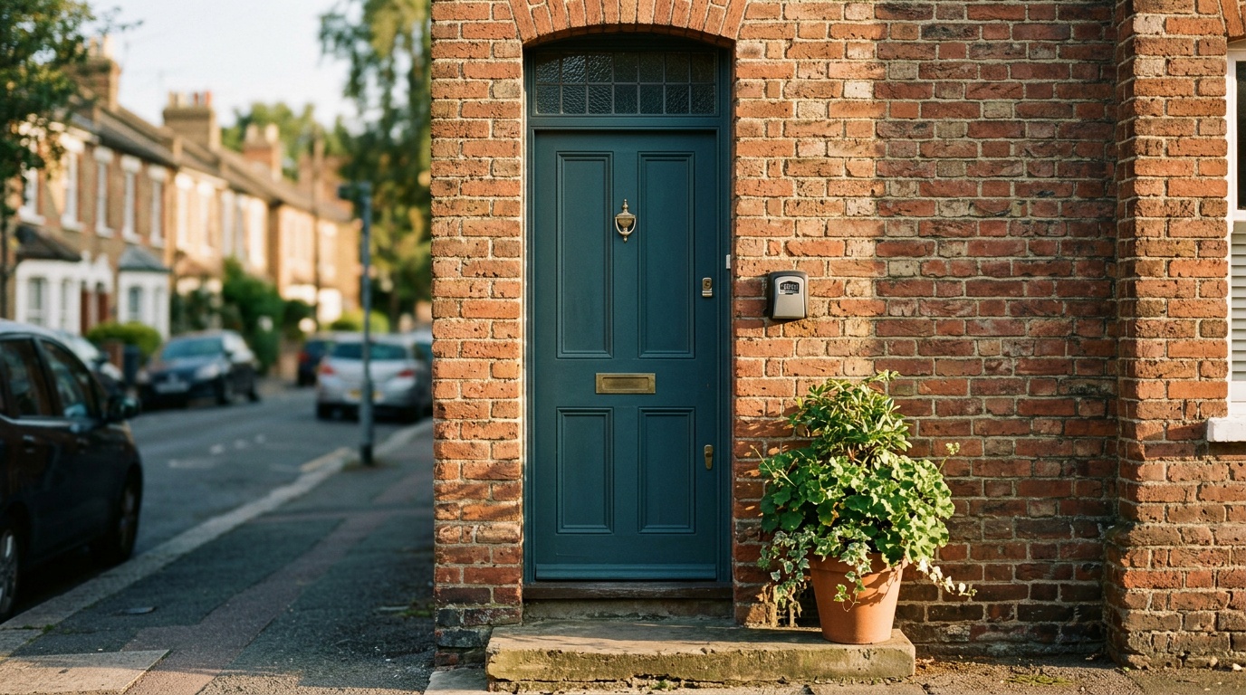 Front doorway of a UK terraced holiday let with a key lockbox and potted plant in afternoon light