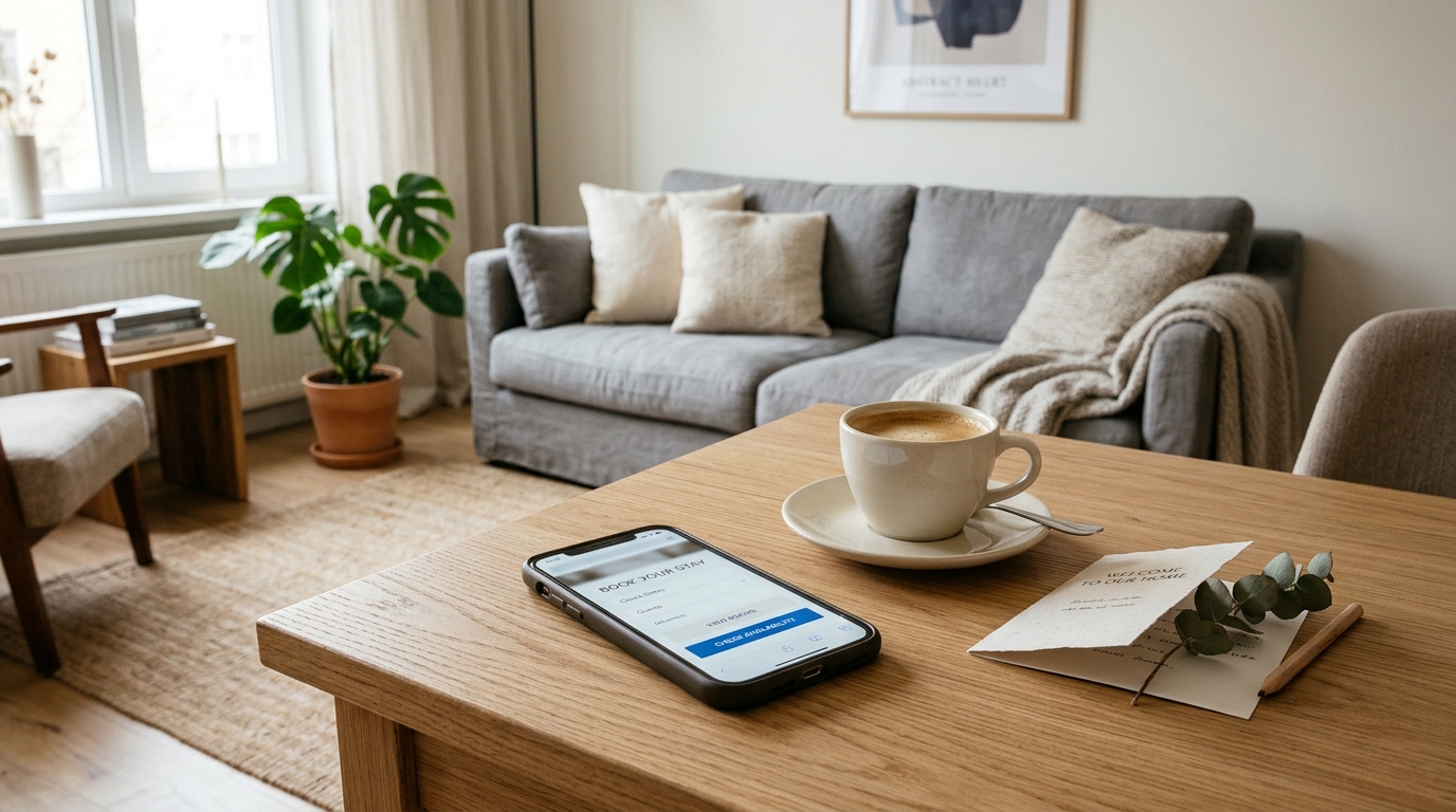 A phone showing a direct booking website on a table in a bright short let living room