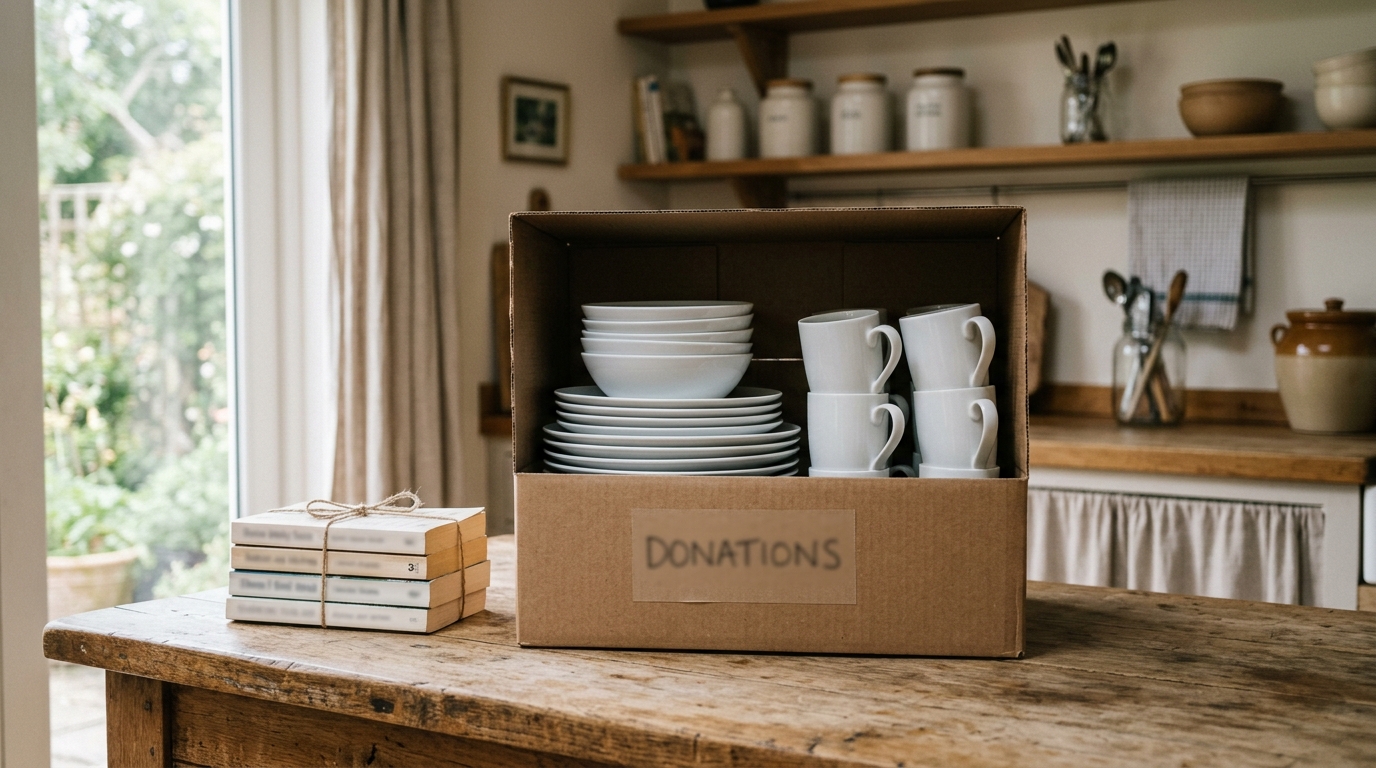 A donation box of matching ceramic plates, bowls and mugs with paperback books beside it