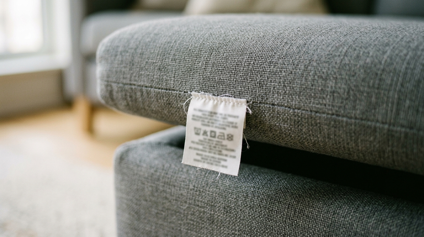 A fire safety label sewn into the seam under a sofa seat cushion