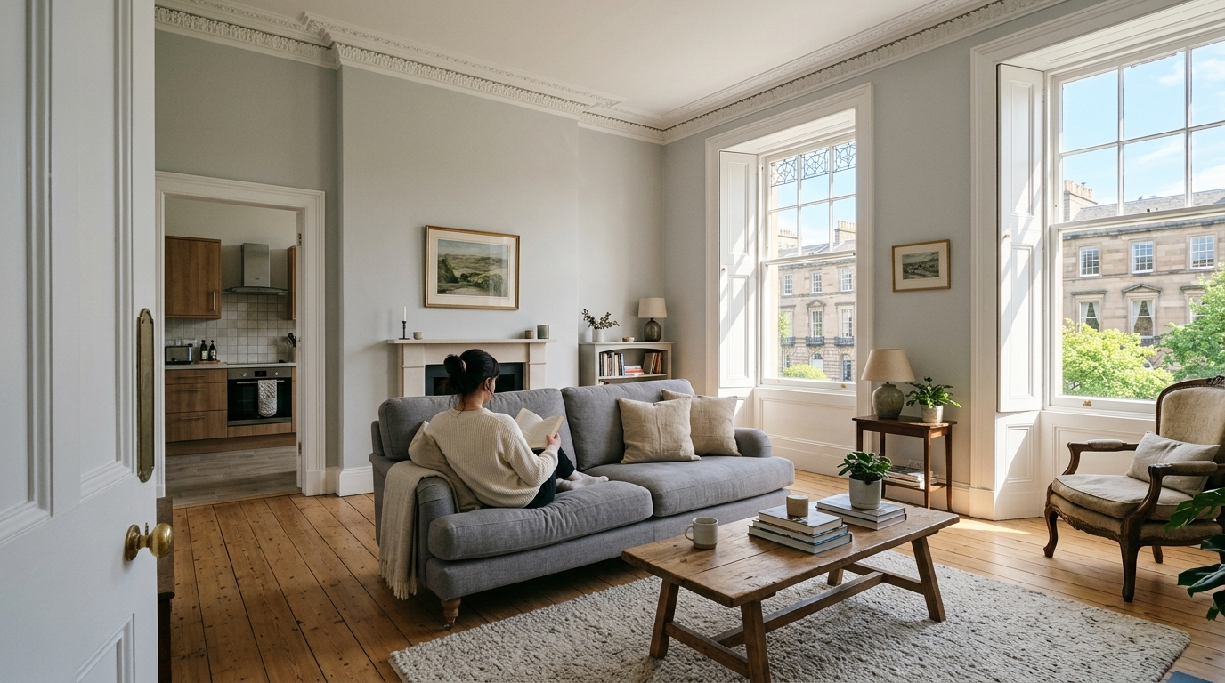 Bright Edinburgh New Town 2-bed apartment living room with period features