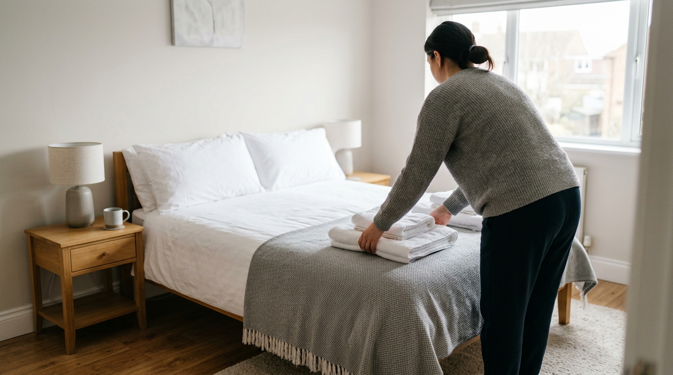 Edinburgh Airbnb host preparing guest bedroom with fresh towels