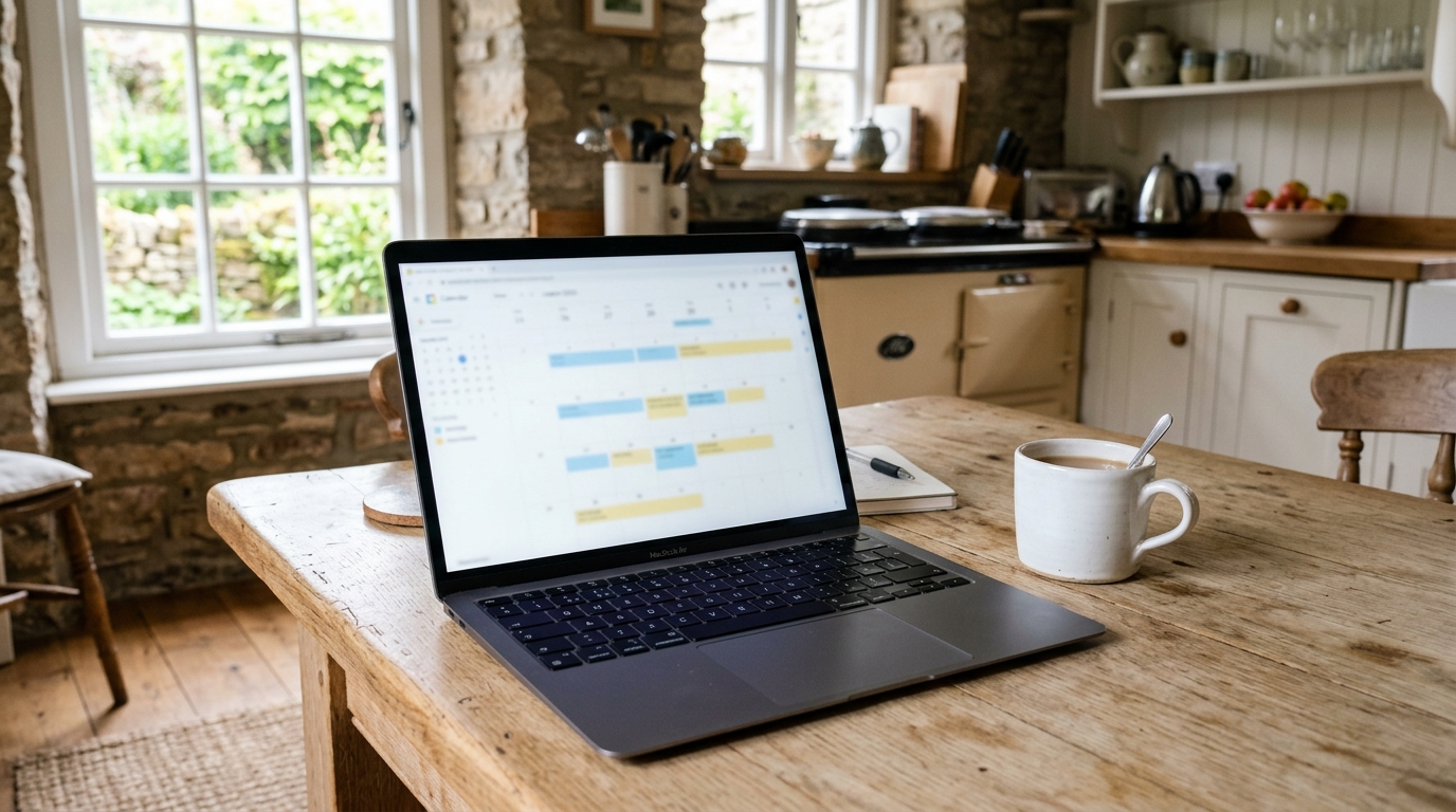 Laptop on a kitchen table showing a booking calendar in a bright holiday cottage