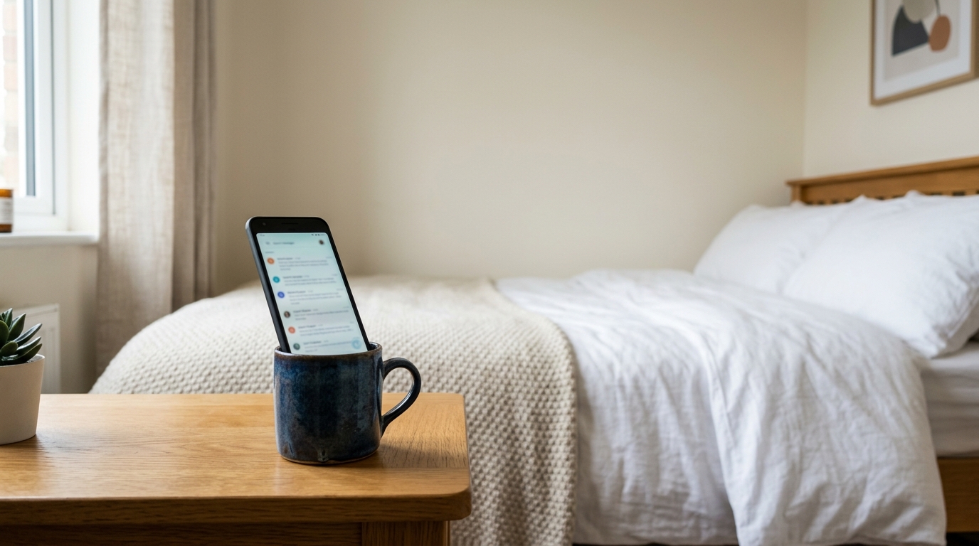 Phone on a bedside table showing a list of guest messages