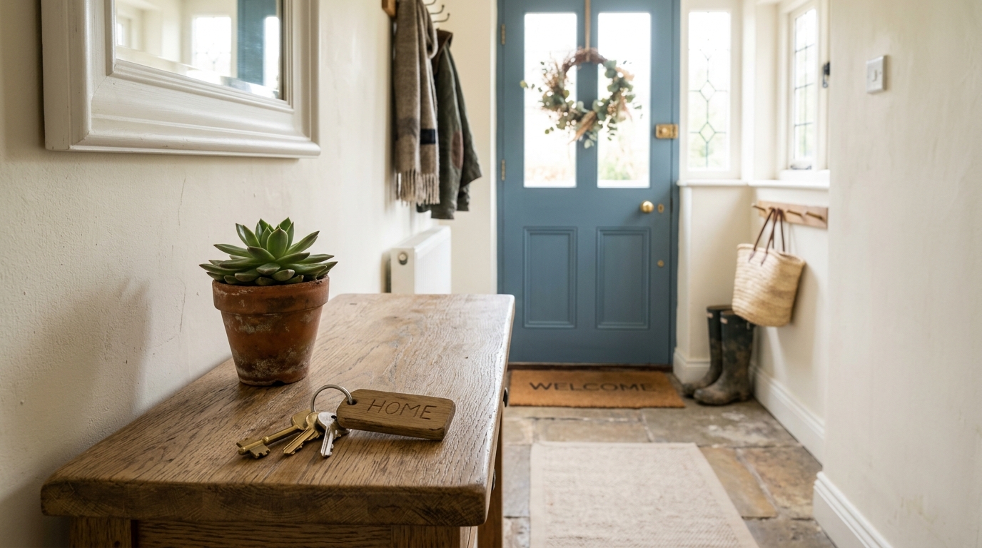 Keys on a hallway console table inside a UK holiday cottage