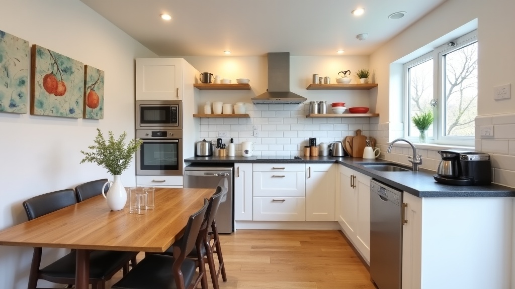 Complete Airbnb kitchen setup with dining furniture and appliances