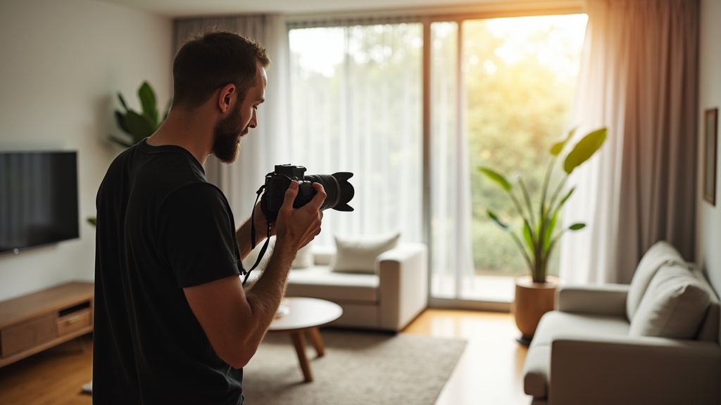 Photographer shooting a staged living room