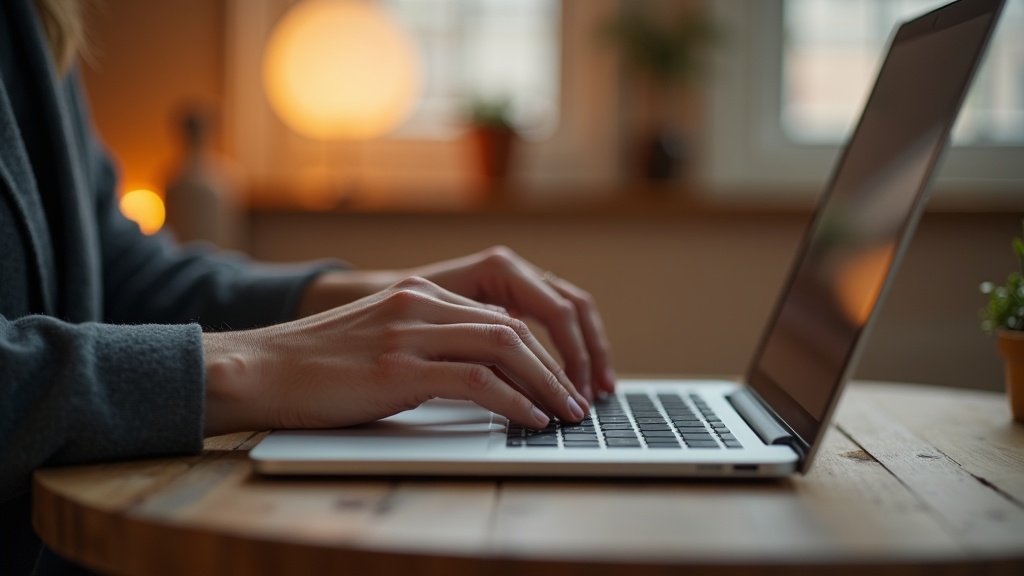 Hands typing on a laptop in a cosy interior