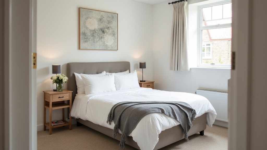 Professionally styled Airbnb bedroom with clean white linens and modern decor