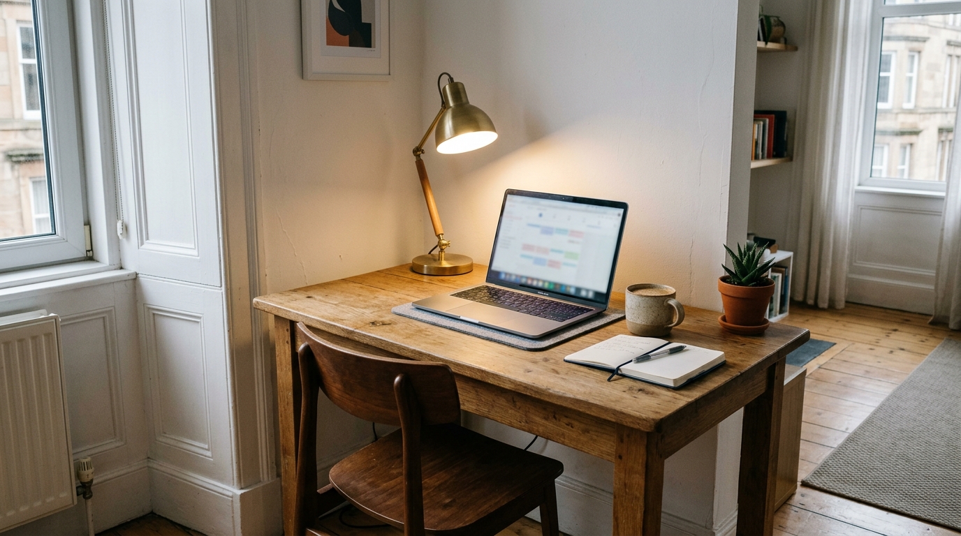 Dedicated workspace in Glasgow Airbnb flat with desk and laptop