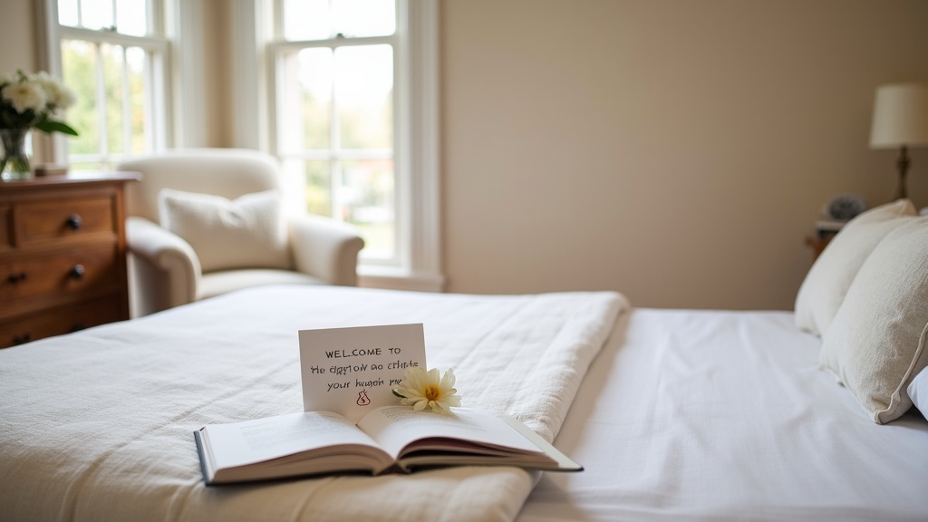 Well-prepared Airbnb bedroom with welcome materials showing professional guest service
