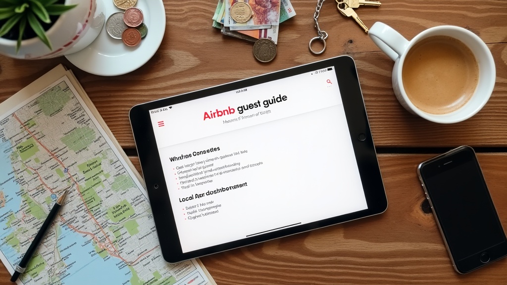 Digital Airbnb welcome guide displayed on tablet with UK travel items