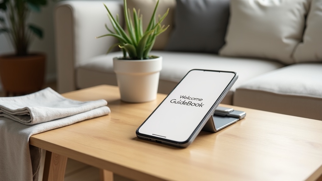 Smartphone showing Airbnb digital guidebook on coffee table
