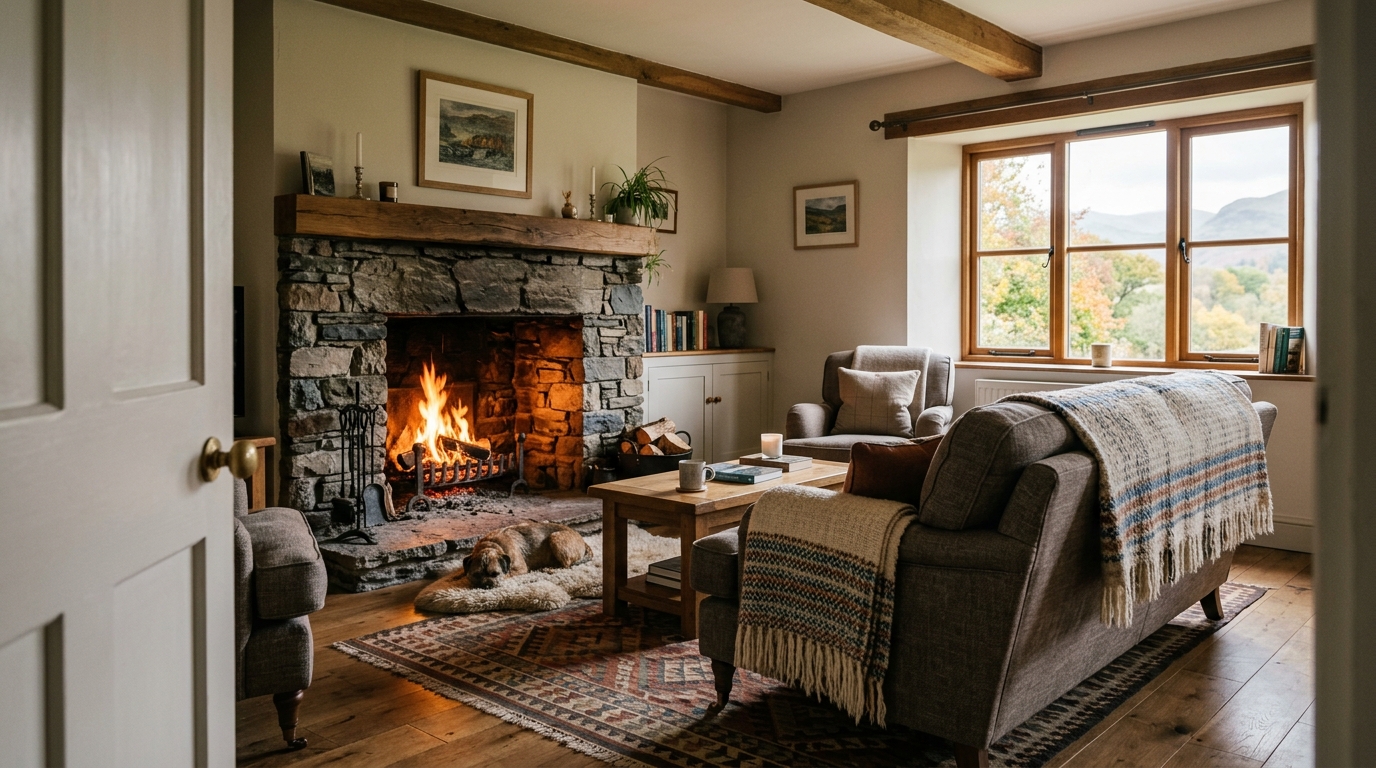 Cosy Lake District living room with log fire and autumn light