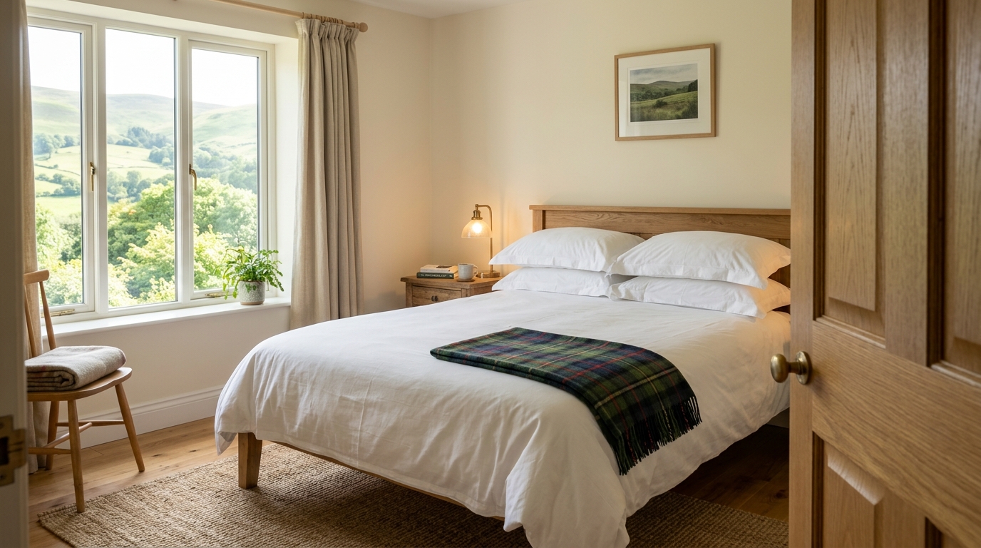 Bright Lake District bedroom with natural light and fell views