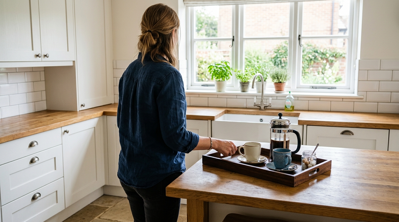 Host preparing welcome coffee tray in Lake District kitchen