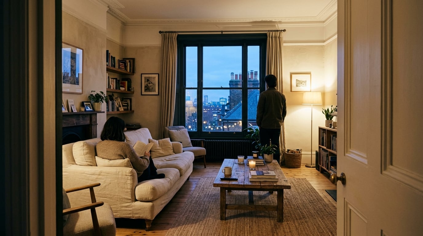 Spacious London three-bed apartment living room at dusk