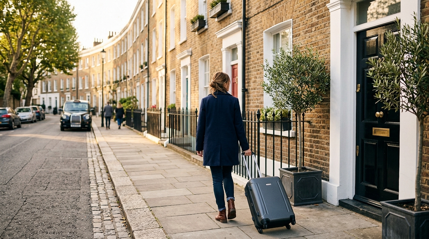 Guest arriving at a London Airbnb with a suitcase