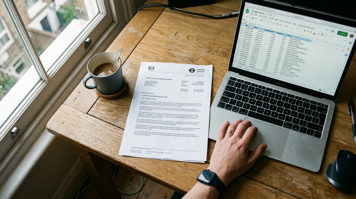 London council enforcement letter on desk with laptop showing booking records