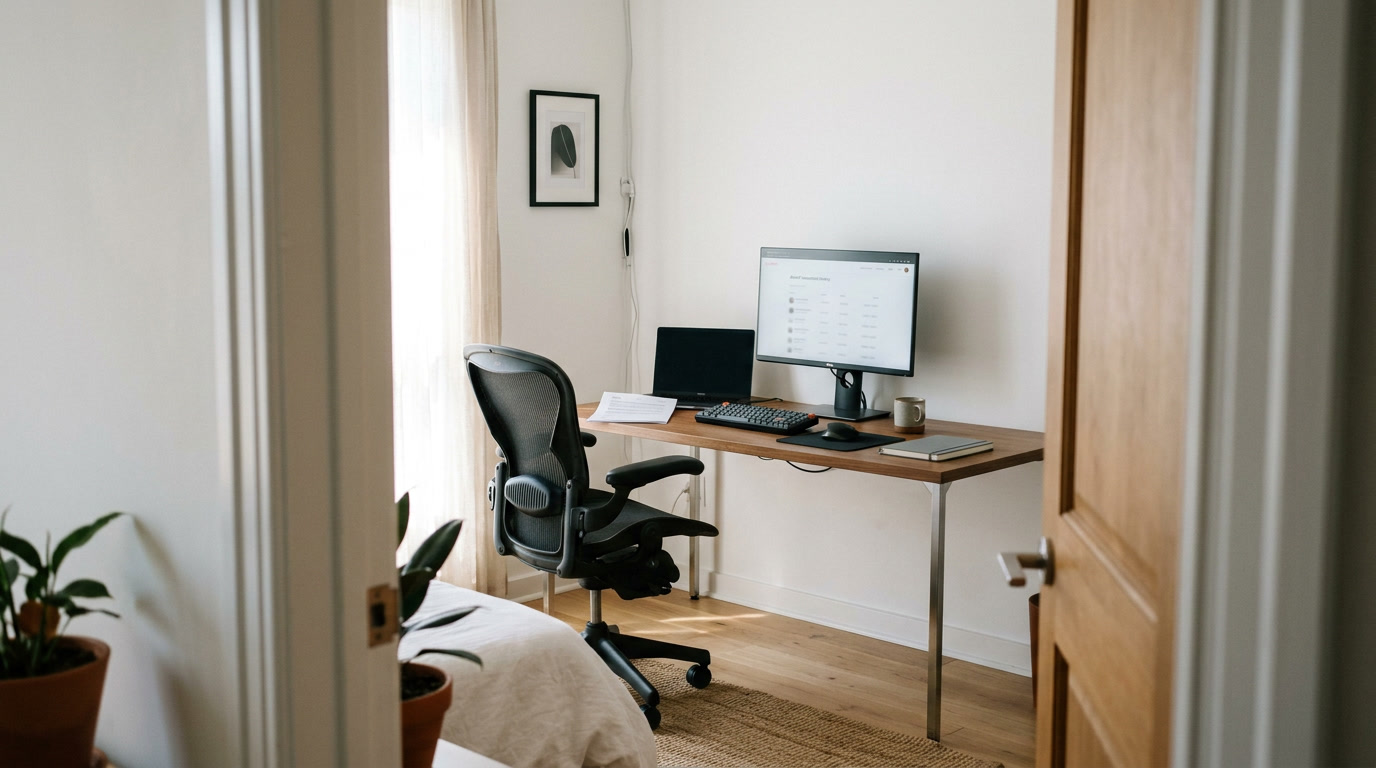 Home office desk with monitor showing Airbnb transaction records