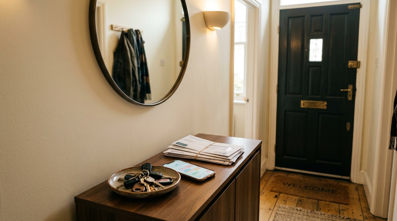 London flat entryway with keys and council tax documents