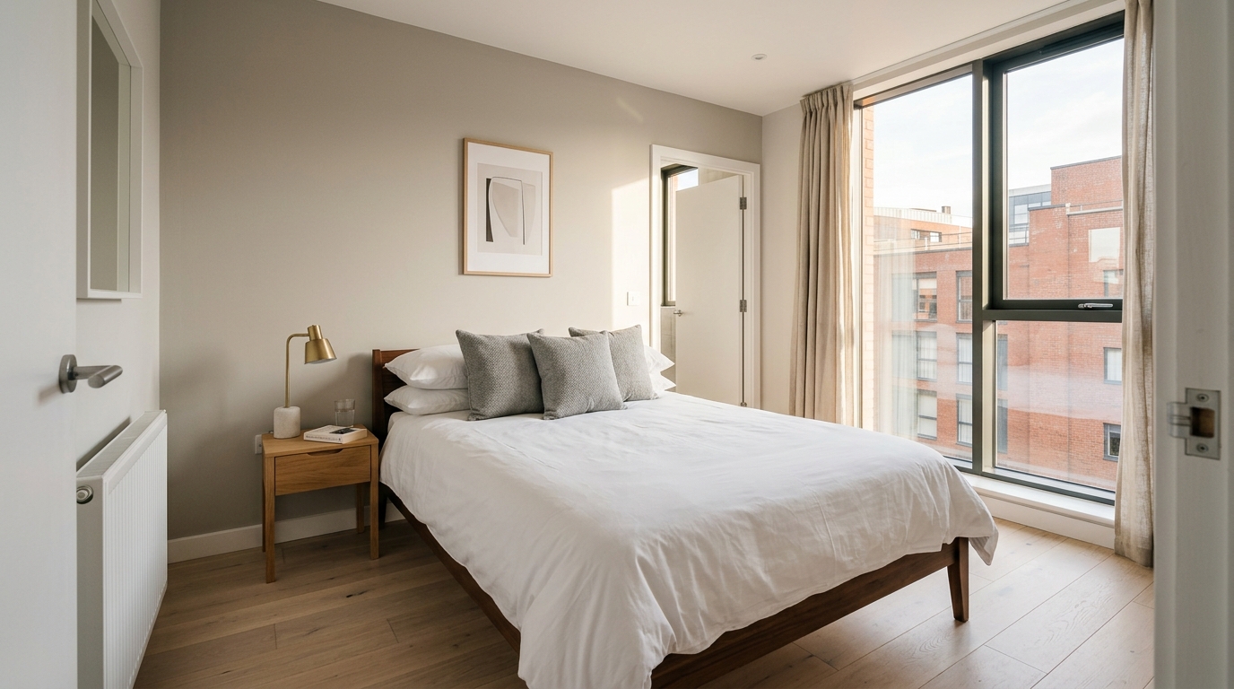 Modern one-bedroom Manchester city centre apartment with double bed and natural light