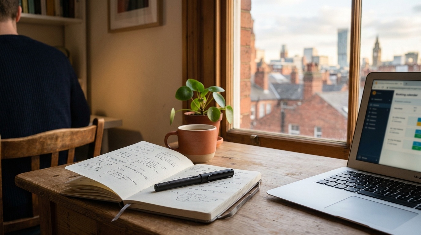 Laptop showing Airbnb booking calendar on desk in Manchester apartment